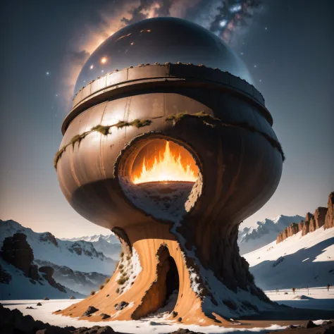 Alien base (The  very detailed) in desert mountains，There are several exhaust fans and chimneys, some spotlights shine from the ...