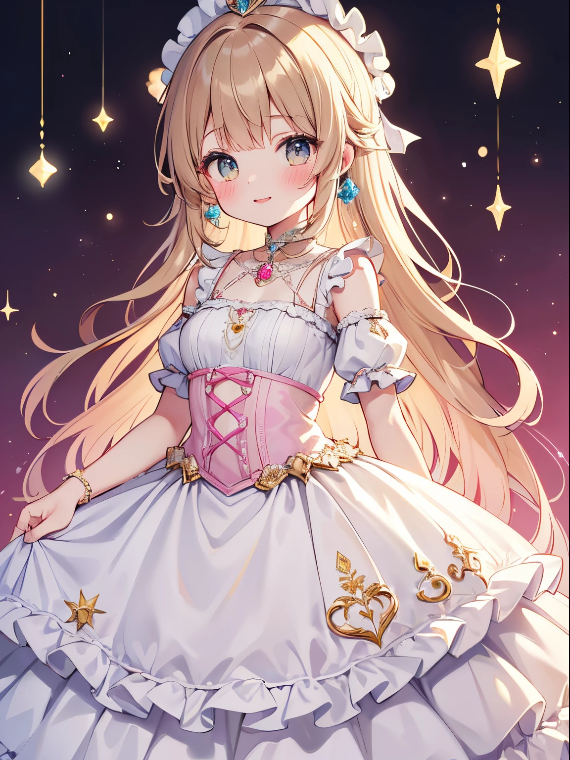 (Top Quality, 4K, High Resolution, Masterpiece), ((Perfect Anatomy)), Cute Girl, Chibi, Light Brown Hair, Beige hair, Long Hair, gradient eyes ,((👄)), Smile, BREAK, Wain reddo dress with pastel color lace decoration, Crystallization of clothes, striped cloth, colorful Clothes, gradient background, Floating light spot, ((Princess in a gorgeous rococo ball gown decorated with beautiful embroidery and jewels, with a voluminous full-length hoop skirt with ruffles)), ((crinoline)), (small breast), (sparkle)