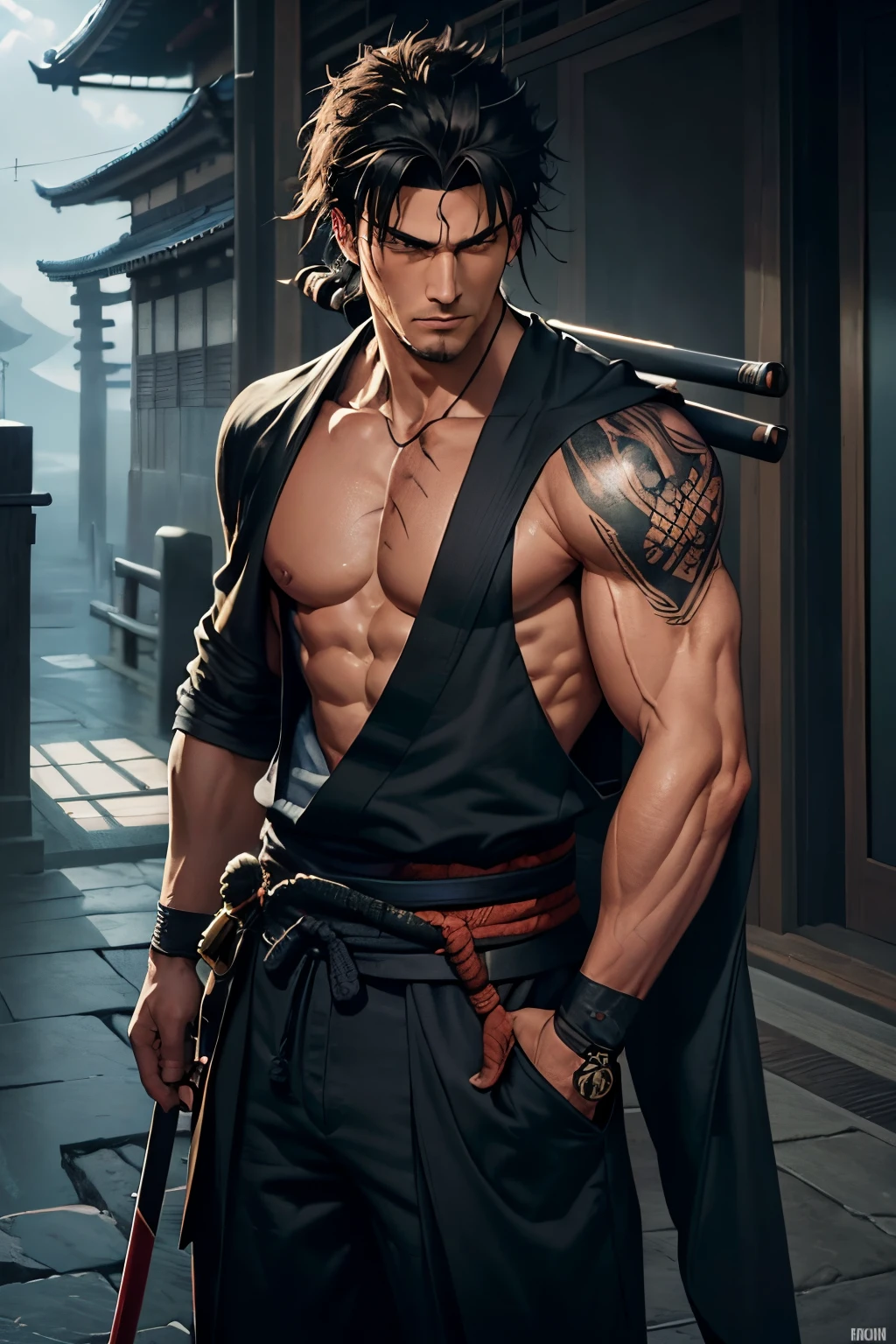 (best quality,ultra-detailed,photorealistic:1.37),portraits,blue kimono,muscular slim athletic physique,red eyes,black sandals,scarred,man,swords sheathed on hip,closed chest,messy black hair,string muscles,confident expression,determined gaze,body tattoos,dark background,sharp focus,light shining on the character, black headband, vagabond, samurai, ninja esque, ronin, perfectly made