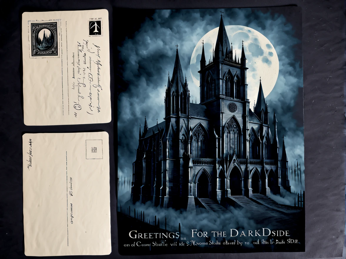 (vintage:1.3), (solo:1.3), design a (captivating gothic postcard) with old-fashioned handwriting featuring a silhouette of a vampire against a full moon backdrop, standing on top of a gothic castle, with bats flying around and a misty graveyard in the foreground, (the postcard has faded edges and handwritten text that reads 'Greetings from the Night Realm'), eerie and enchanting, on a luxurious table with skull and an elegant pen, More Detail