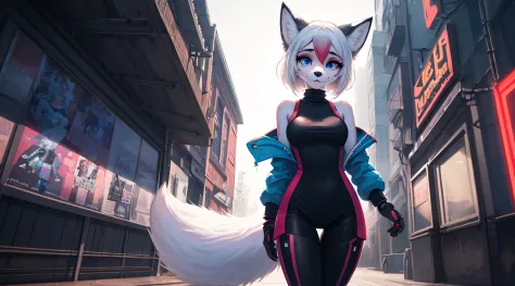 fox cyberpunk edge runner, girl fox, lucy (cyber punk personage), shoulder, eblue eyes, , tightsuit, looking at viewert, , off-s...