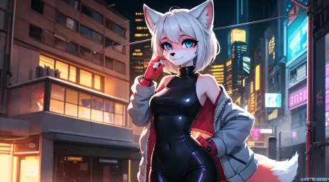 fox cyberpunk edge runner, girl fox, lucy (cyber punk personage), bshoulders, eblue eyes, , tightsuit, looking at viewert, , off...