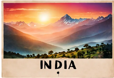 India postcard with text "India", Indian atmosphere, sunset, Himalayan mountains, exotic style