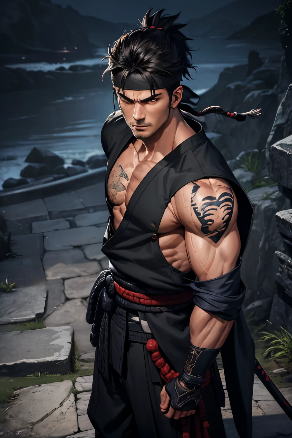 (best quality,ultra-detailed,photorealistic:1.37),portraits,blue kimono,muscular slim athletic physique,red eyes,black sandals,scarred,man,swords sheathed on hip,closed chest,messy black hair,string muscles,confident expression,determined gaze,body tattoos,dark background,sharp focus,light shining on the character, black headband, vagabond, samurai, ninja esque, ronin, black headband around forehead
