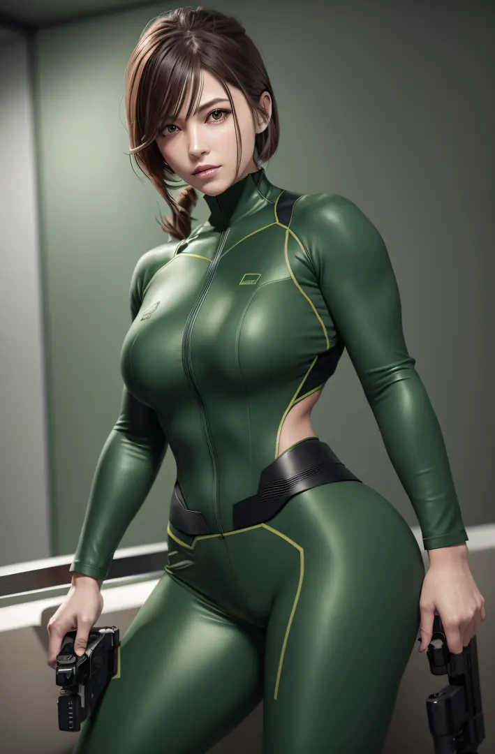 ​masterpiece,8K,Close-up of a woman in a green suit holding two guns, quiet from metal gear solid, jetstream sam from metal gear...