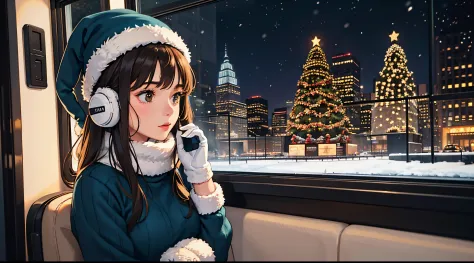 lofi relaxed brunette girl with headphones driving inside the bus, olha pela janela, head stuck to the window. noite de inverno,...