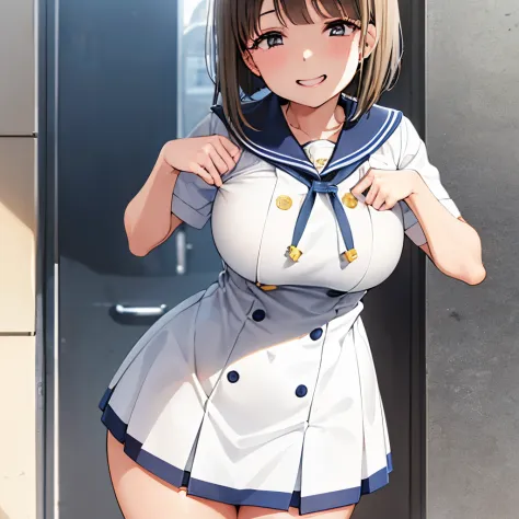 17 age, girl with, a sailor suit,slightly larger udder,Narrow waist, Hairstyle is a bob cut, Poolside background,Smiling face,full bodyesbian,A pose that says “come here”