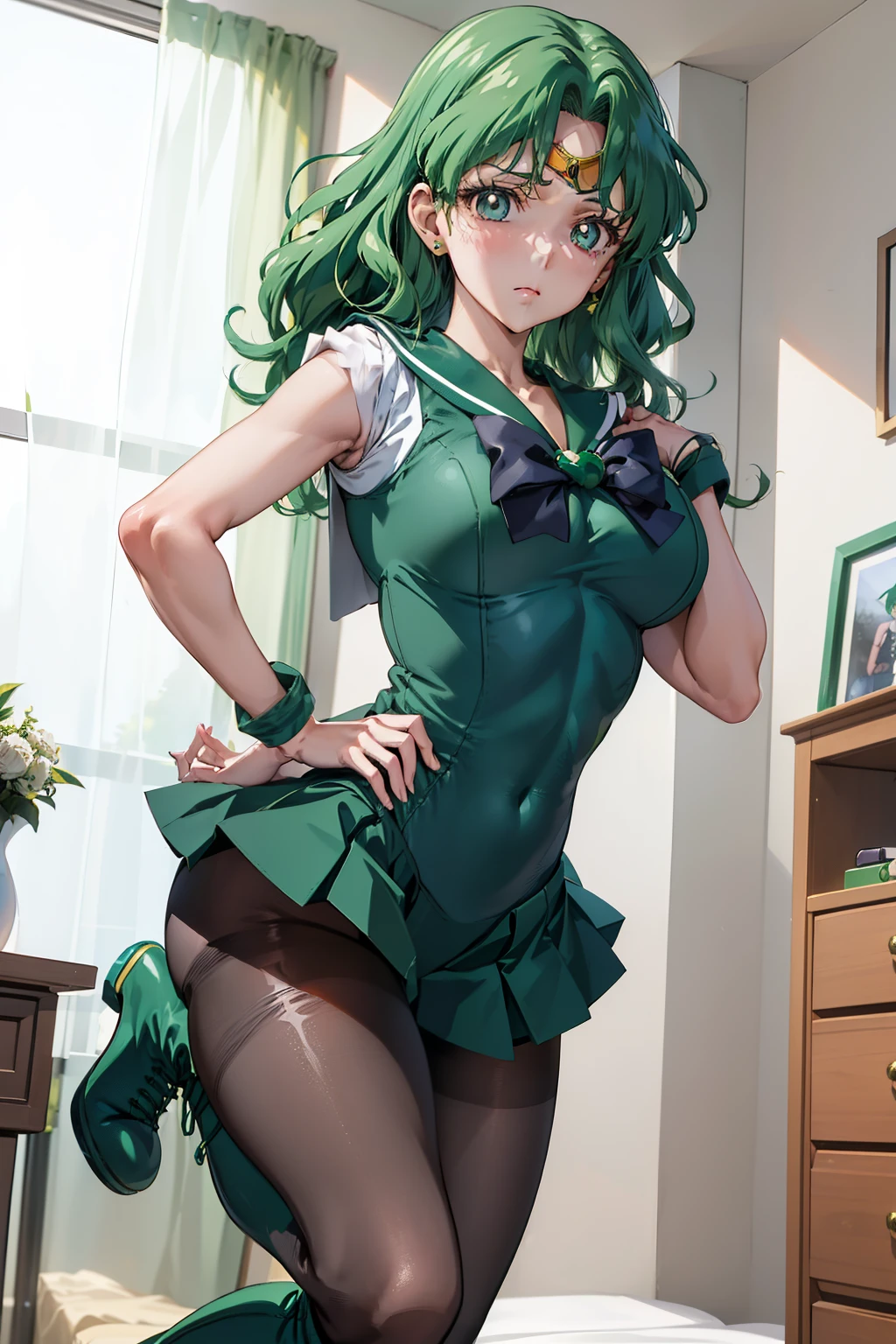 masutepiece, Best Quality, 1girl in, (Sailor Neptune),Green head hair, (Green eye:1.2),((Leotard))、((long boots))、((pantyhose))、((Bedroom))、length hair、poneyTail、((embarassed expression))、((Poses that emphasize breasts))、((a miniskirt))、((urinate))