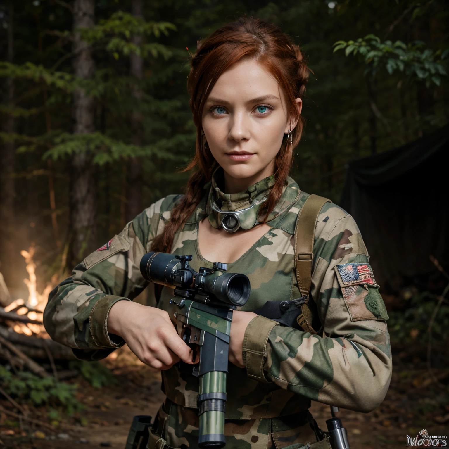 Character design, full-length portrait, woman with blue eyes and dark red hair, earrings rings made of silver in the ears, hairstyle with a hairpin, in green camouflage and combat boots, with a sniper rifle in his hands, smirking, woods, the night, science-fiction, postapocalypse, believable portrait, Art, higly detailed