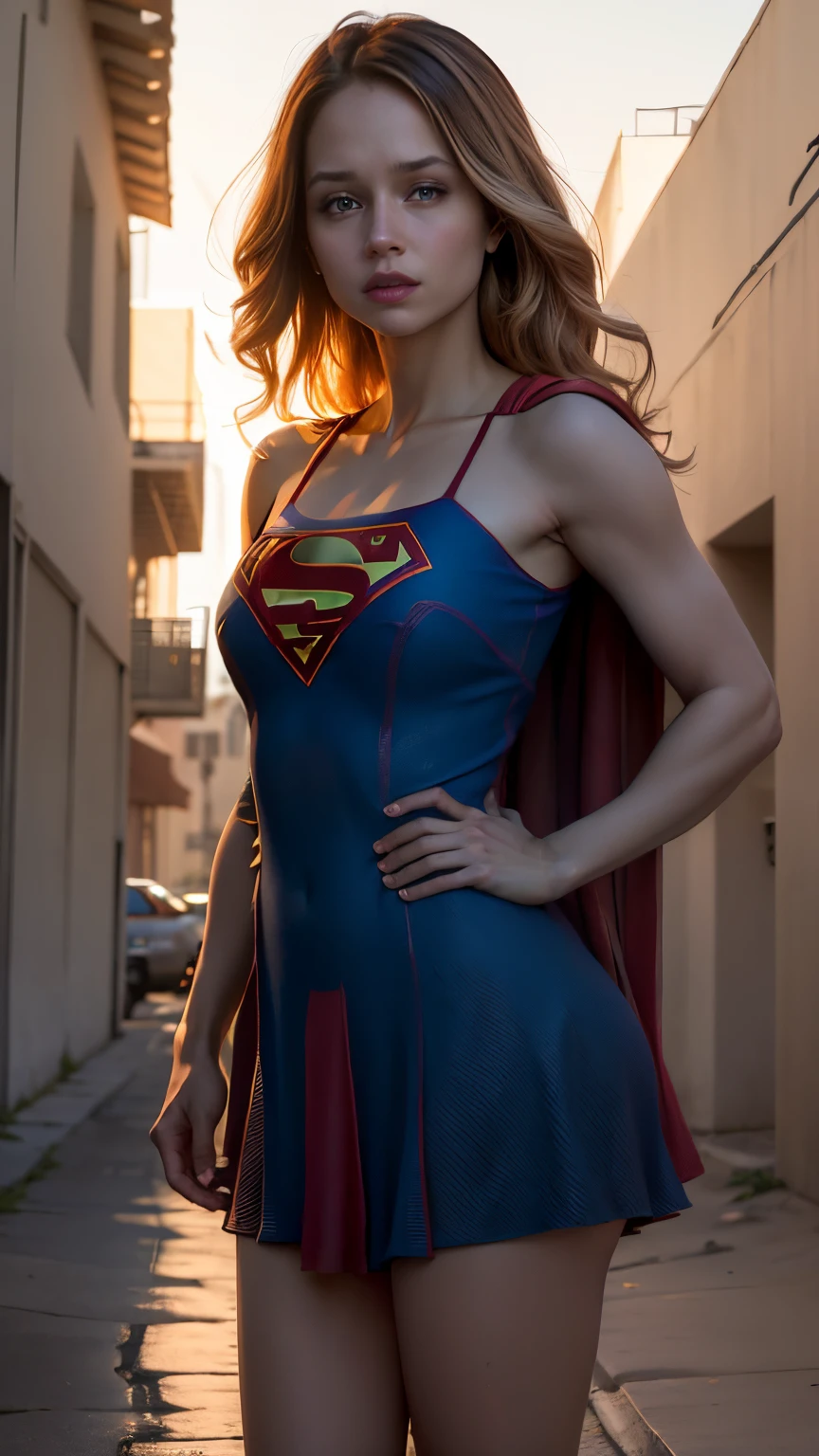 (best qualityer, Masterpiece artwork, absurdists)), 1girl(supergirl),20 year, defined body, expressive and blue eyes, Breasts huge, short dress loose viscose halter jacket,halter dress nsfw