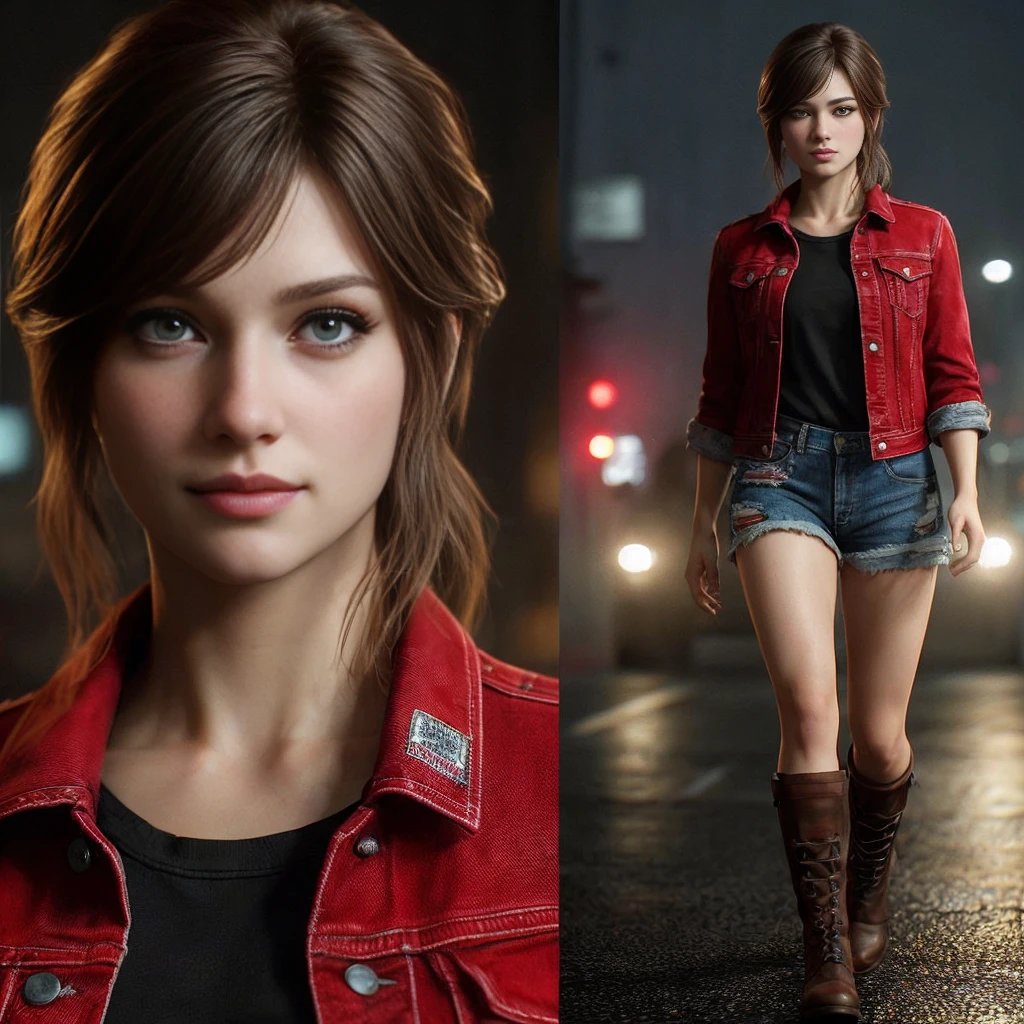 (Claire Redfield:1.1), (perfekte Gesichtszüge:1.1), (schöne detaillierte Augen, schöne detaillierte Lippen, extrem detaillierte Augen und Gesicht, seotorrealistische lange Wimpern:1.37), (ultradetailliert, realistisch), (Porträt, Grusel), (lebendige Farben), (Studiobeleuchtung), (Tonnenweise knuspriger Coreokeh-BH) Ultrarealistische Textur