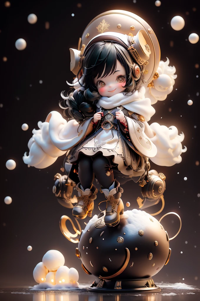 amasterpiece, best quality, 8k, cinematic light, ultra high res, chibi, cute girl smiling sitting on a sleigh, (bigfeet:0.4), (bighands:0.4)black hair, christmas steampunk dress, christmas hair ribbons, white pantyhose, black pumps, magical night, winter night, magical sparks floating, falling snow, dark shadows, ((dark fantasy)),