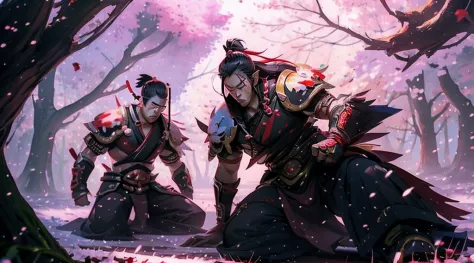 (((Two men))) one long red hair samurai in a fight position against other short black hair man samurai, they are both fight unde...