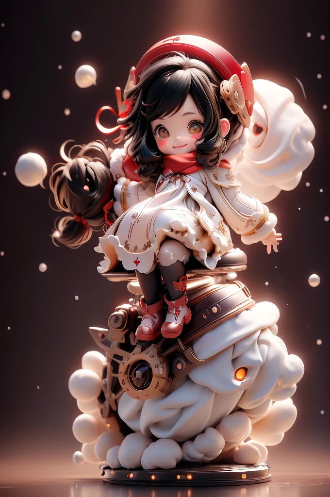 amasterpiece, best quality, 8k, cinematic light, ultra high res, chibi, cute girl smiling sitting on a sleigh, (bigfeet:0.4), (bighands:0.4)black hair, christmas steampunk dress, christmas hair ribbons, white pantyhose, red pumps, magical night, winter night, magical sparks floating, falling snow, dark shadows, ((dark fantasy)),