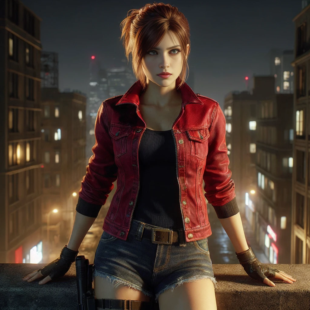 (Claire Redfield:1.1), (Rasgos faciales perfectos:1.1), (hermosos ojos detallados, hermosos labios detallados, ojos y rostro extremadamente detallados, pestañas largas seotorrealistas:1.37), (ultra detallado, Realista), (retrato, horror), (colores vívidos), (iluminación de estudio), (toneladas de sutioco coreokeh crocante) Textura ultrarrealista