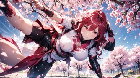 (((one man))) [[[cherry blossom]]] a long red hair samurai in a fight position, training and practicing by himself, alone under ...