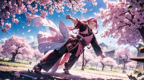 (((one man))) [[[cherry blossom]]] a long red hair samurai in a fight position, training and practicing by himself, alone under ...