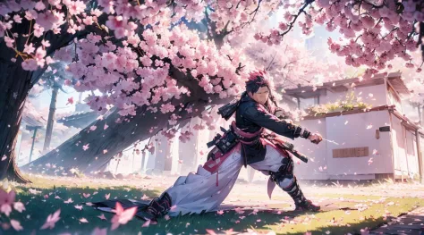 (((one man))) [[[cherry blossom]]] a samurai in a fight position training and practicing by himself, alone under this gorgeous c...