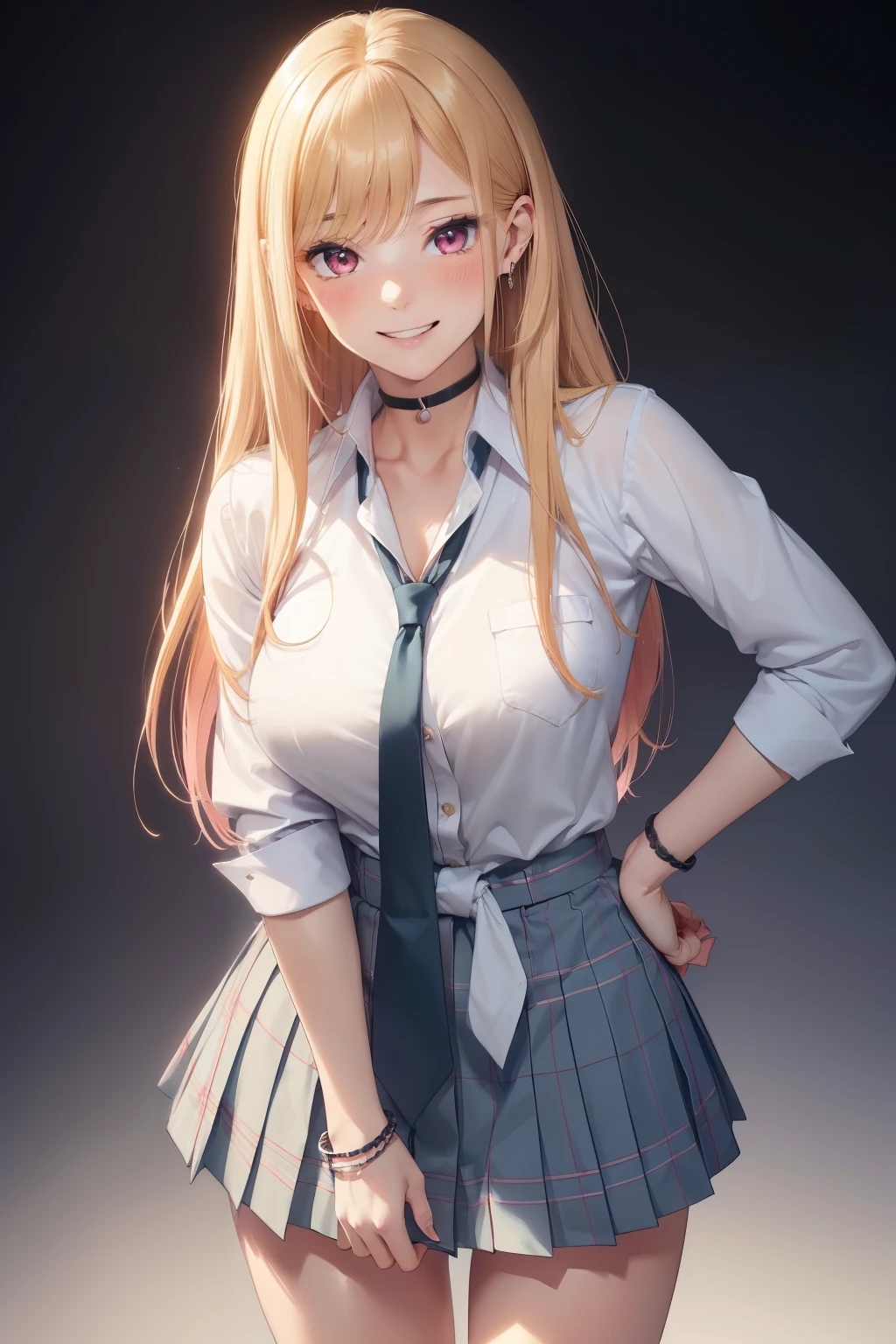 (masterpiece, best quality, ultra-detailed, ultra-HD, photorealistic, cinematic), (alluring anime girl), (Marin Kitagawa), perfect body, , perfect face, perfect hands, delicate face, (large cleavage), round ass, (long round legs), (wide shot, full body view:1.5), (golden blonde hair, peachy pink gradient at the ends), (waist length hair),(wearing high , a shirt tied at the waist with the sleeves rolled up, a skirt plaid above the knee, and a slightly loosened tie, along with a choker, necklace, and a chain on her wrist, her uniform has a chest pocket on the right), (standing, pose), (gradient background), fuchsia eyes, detailed pupils, nude lips, blushing, (slightly parted lips), psycho smile, excited smile