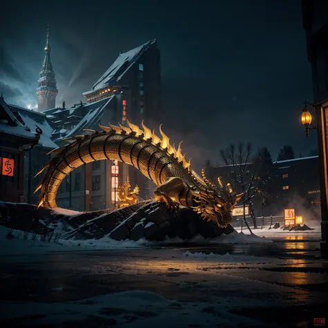 Golden mythical Chinese dragon, location in Russia, cyberpunk artstyle, Ureal Engine 5, dinamic lighting, snowy atmosphere, New Year, Gloomy colors, hight resolution, higly detailed,