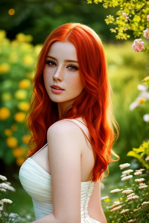 portrait photo of LenkaRegalova beautiful woman, red hair, in a pretty garden (masterpiece) (best quality) (detailed) (8k) (HDR) (wallpaper) (cinematic lighting) (sharp focus) (intricate)