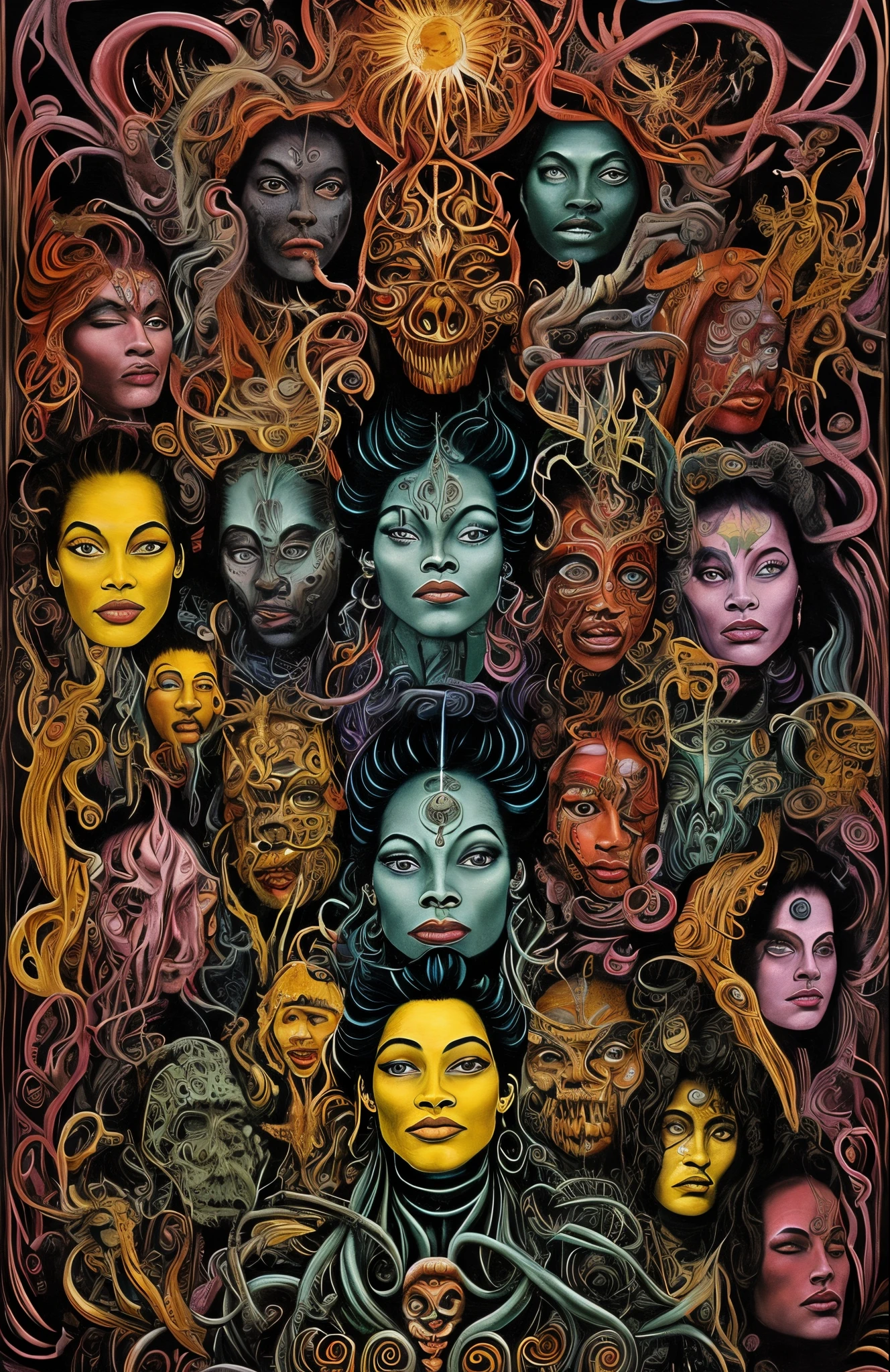 a painting of a group of people with faces painted on them, poster art, by Leo and Diane Dillon, trending on zbrush central, psychedelic art, lovecraftian eldritch horror, donnie darko, esteban maroto, sorayama. occult art, puṣkaracūḍa, in the movie dune, black light velvet poster