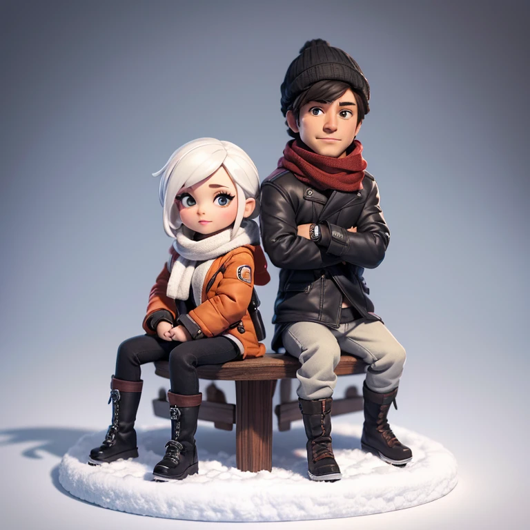 A man and a woman wearing winter jackets, scarfs, sitting together, winter atmosphere, on a base, not out of frame, white background, full body, 3d model, art toy, cartoon style, chibi, (art toy)
Design