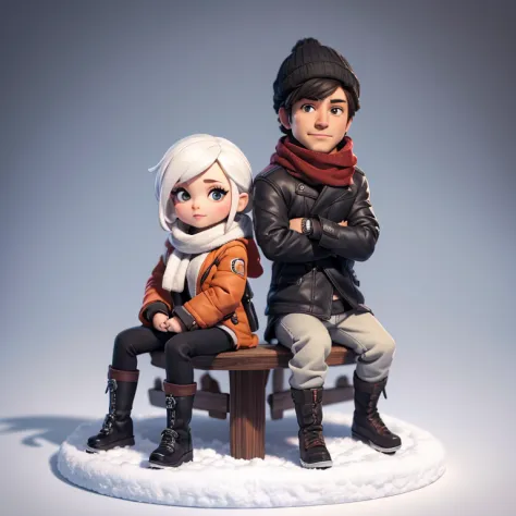 a man and a woman wearing winter jackets, scarfs, sitting together, winter atmosphere, on a base, not out of frame, white backgr...