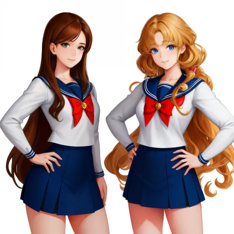 2girls, duo, twins, standing shoulder-to-shoulder, teenage woman, happy, brown hair, blonde hair, long curly hair, matching hairstyles, different hair colors, hair down, hazel eyes, sailor senshi uniform, white background, best quality, highly detailed
