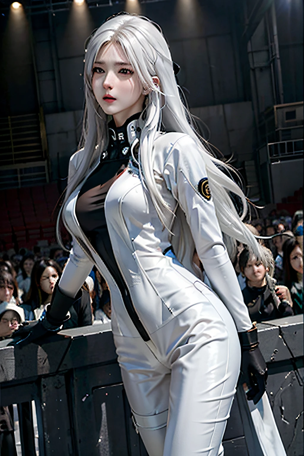 strength, A high resolution, 1 woman, own, butt lift, looking at the viewer only, (Detailed faces), White hair, Long gray hair, gantz, Rika\(Tight suit