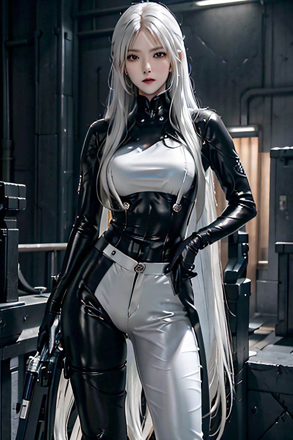 strength, A high resolution, 1 woman, own, butt lift, looking at the viewer only, (Detailed faces), White hair, Long gray hair, gantz, Rika\(Tight suit