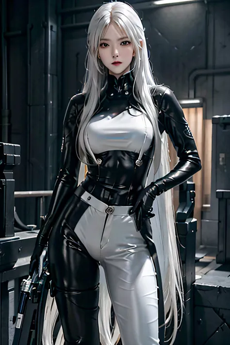 strength, A high resolution, 1 woman, own, butt lift, looking at the viewer only, (Detailed faces), White hair, Long gray hair, ...