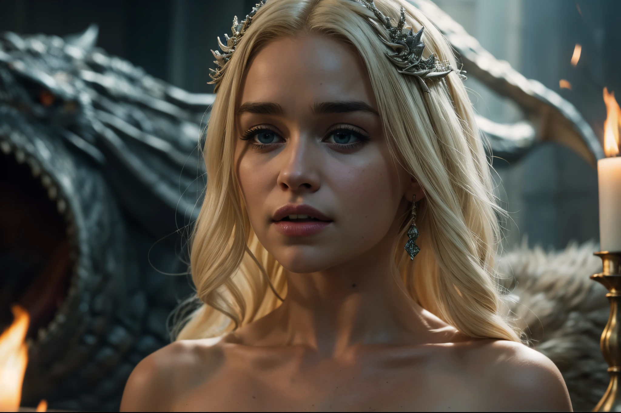 A Cinematic Scene from Drama TV shoame of Thrones", Close-up shot, A charismatic Emilia Clarke with bleach blonde hair sits on tops of a powerful dragon with the dragon blowing our powerful, luminescent flames from its mouth captured by UHD Canon EOS R6 Mark II camera, complemented by the Sigma 50mm f/1.4 DG HSM Art Lens, ensuring every detail, Inspiring, Natural light, enormous 