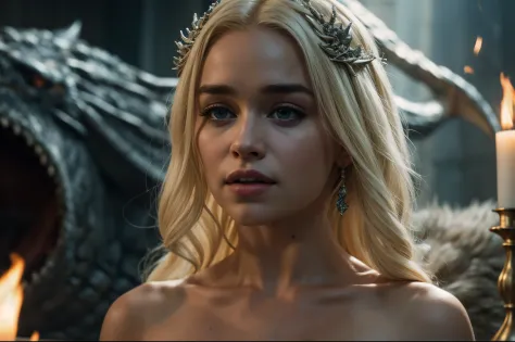 A Cinematic Scene from Drama TV shoame of Thrones", Close-up shot, A charismatic Emilia Clarke with bleach blonde hair sits on t...