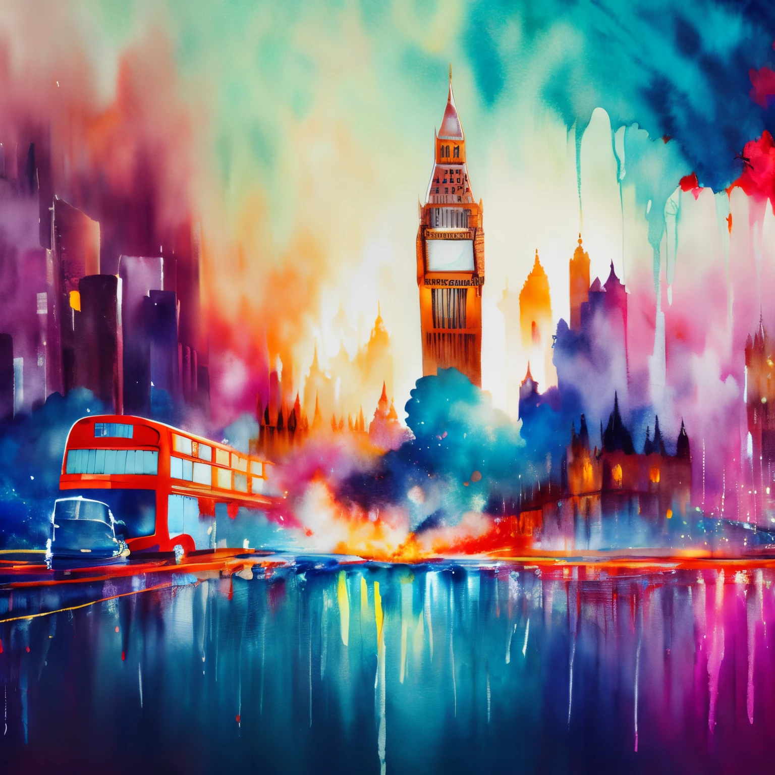 Painting of  london skyline, detailed, make a focus point, wtrcolor style, paint dripping, intricate details,  spectacular, colourful, official art, masterpiece, Beautiful, ((watercolor)), paint splatter, intricate details. Highly detailed, detailed, [dripping:0.5], Trending on artstation, by Rachel Walker, looking like a real painting,  vibrant colours, paint dripping, brush strokes,  extra paint splatters, a lot of paint dripping, paint in the background, no people