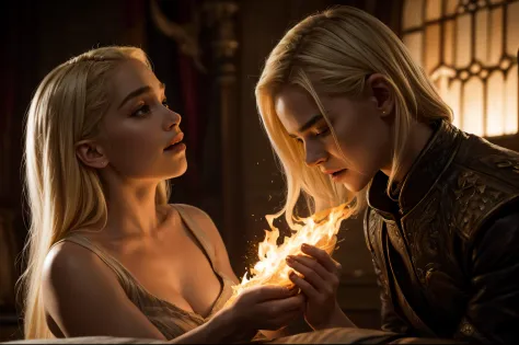 A Cinematic Scene from Drama TV shoame of Thrones", Close-up shot, A charismatic Emilia Clarke with bleach blonde hair sits on t...