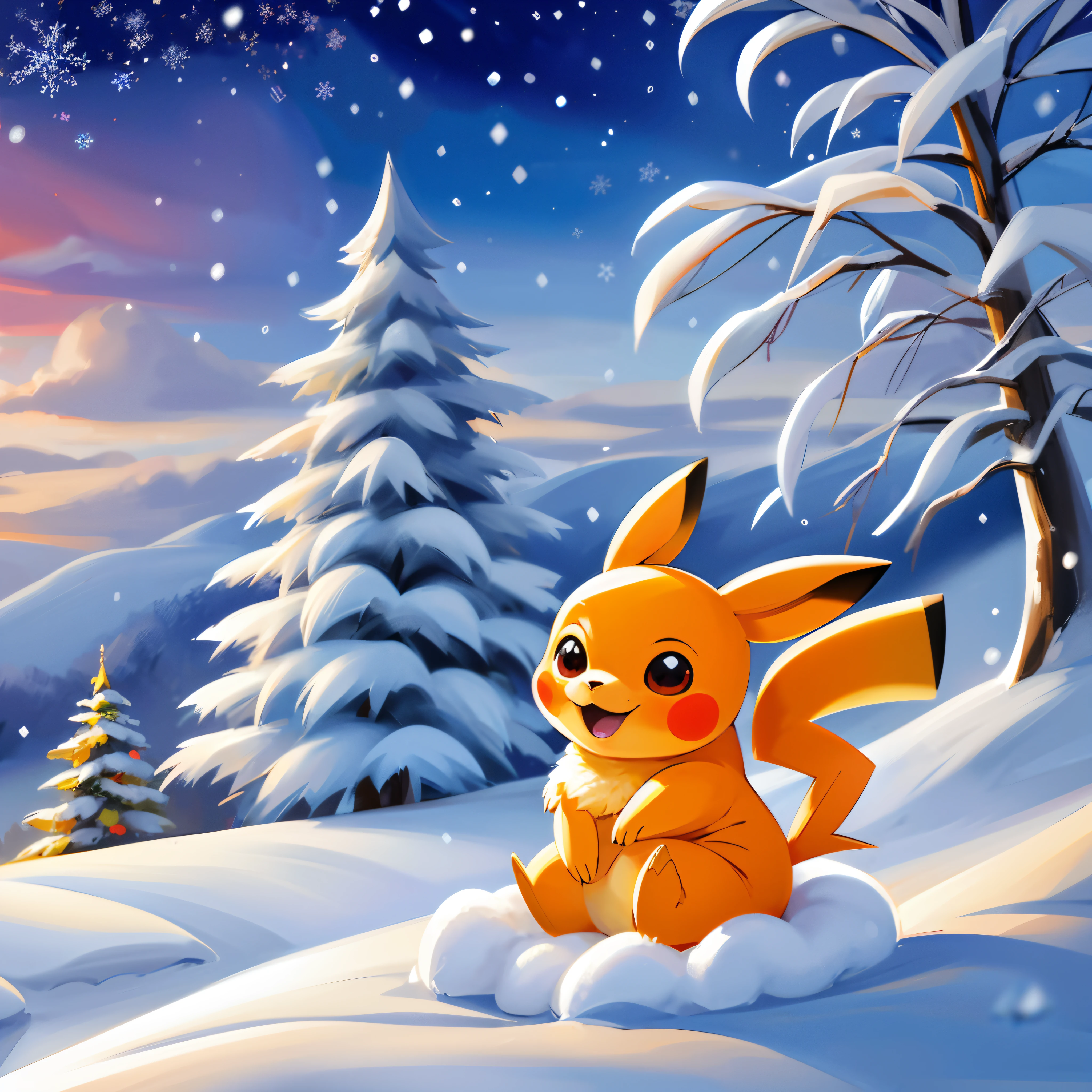 Um desenho animado pikachu sentado na neve perto de uma árvore - SeaArt AI