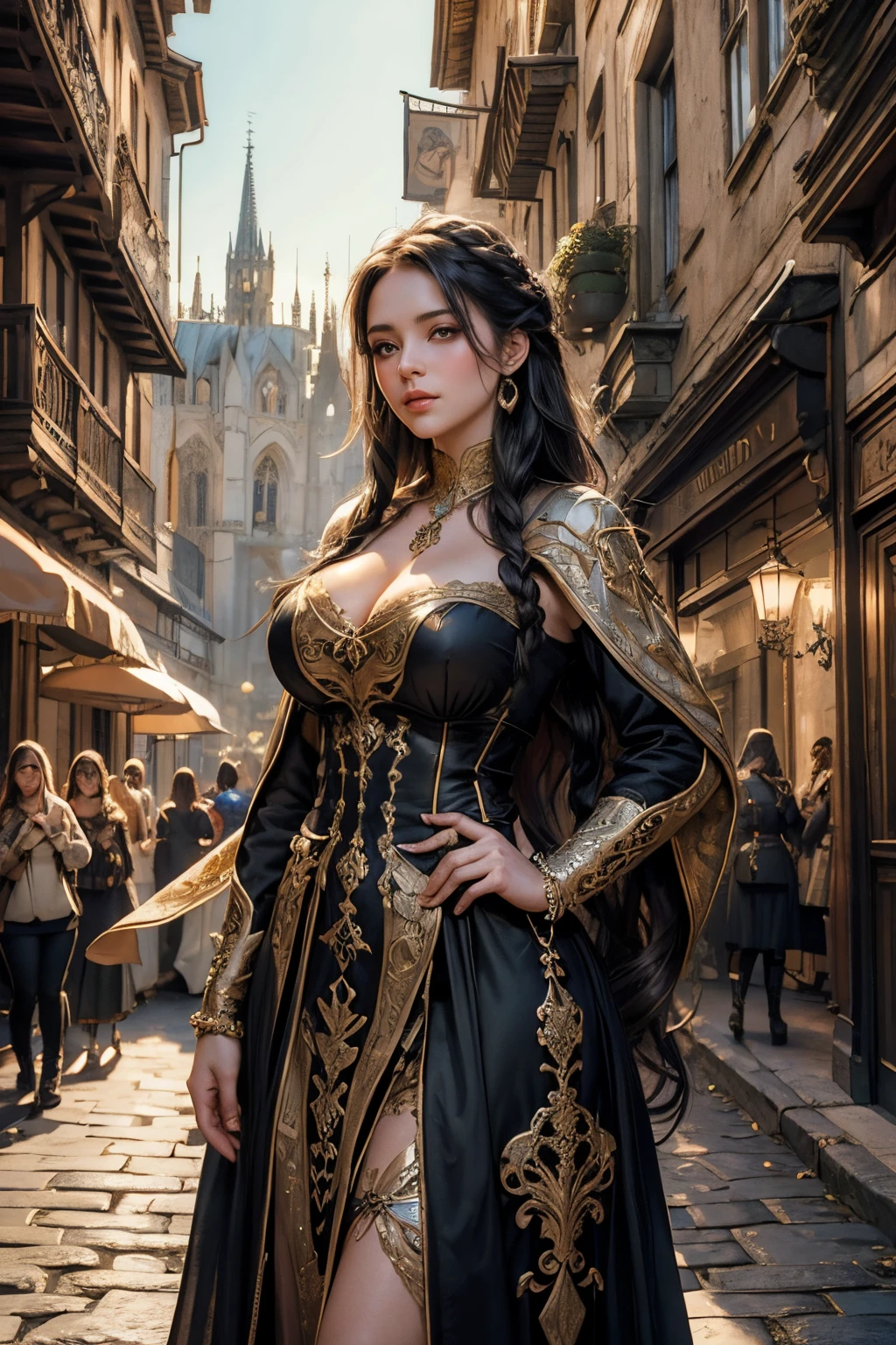 (best quality,highres),girl,medieval city dress,intricate braided hairstyle,black hair,big breasts,beautiful face,detailed eyes,detailed lips,extremely detailed eyes and face,long eyelashes,curvy body,fair skin,confident expression,standing pose,romantic background,dusk lighting,soft colors,vibrant atmosphere,enchanted feeling,impressive architecture,gothic buildings,narrow cobblestone streets,flowing banners,ornate balconies,ivy-covered walls,bustling marketplace,floral decorations,ornamental gates,medieval charm,lively crowd,authentic costumes,attention to historical accuracy,regal atmosphere,majestic spires,grand towers,distant mountains,serene river winding through the city,reflections shimmering on the water,mysterious alleyways,whispering secrets,hidden treasures,romantic rendezvous,storybook setting.