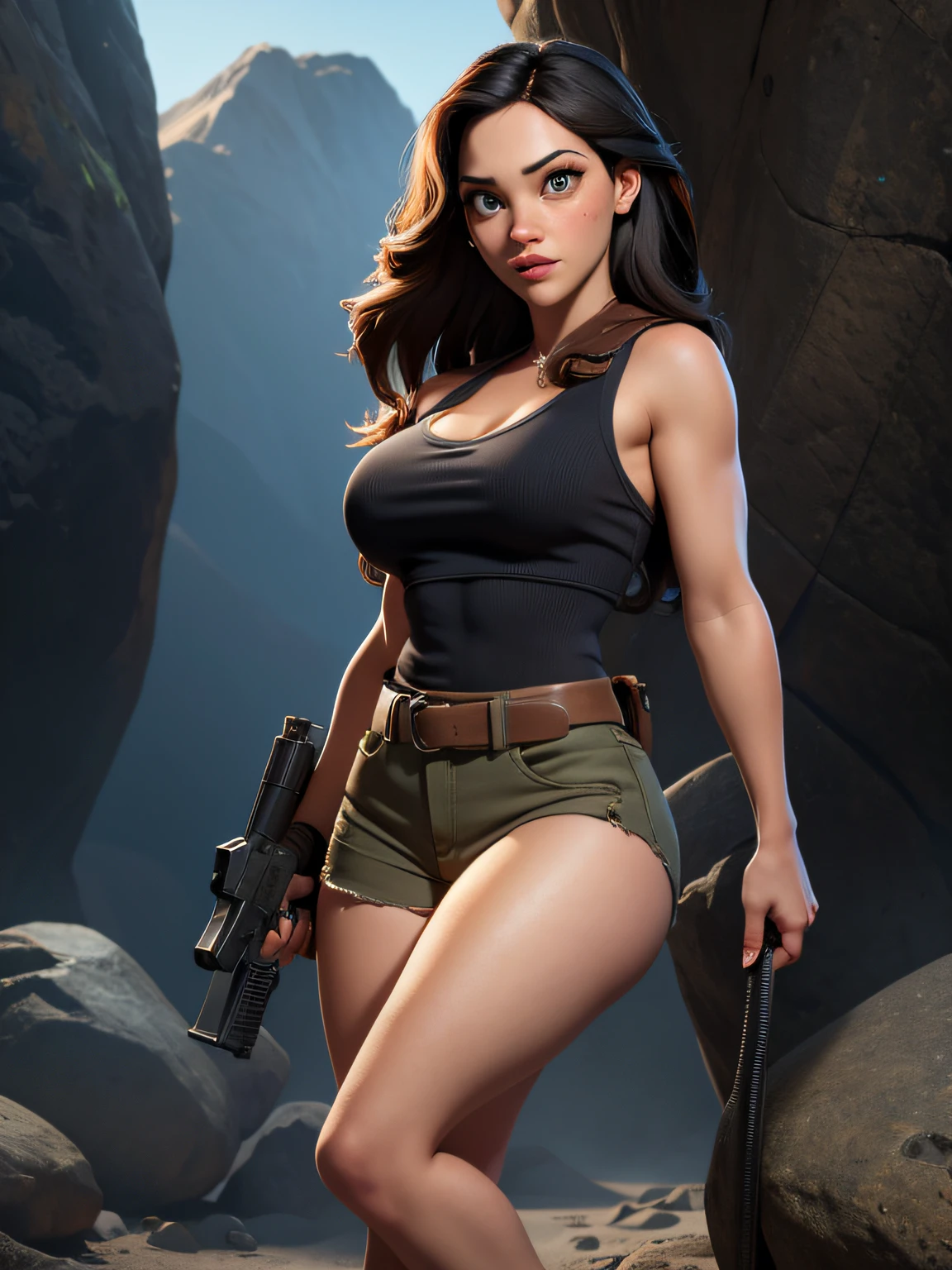 obra maestra, Lara Croft Tomb Raider, camiseta sin mangas azul, rasgado, sexy, pecho enorme, traseros grandes, sexy, pistola en su mano, miradas sexys, la hermosa cara de Kat Danning, Diosa de la sensualidad, cuerpo perfecto, Pechos turgentes y perfectos, belleza angelical, Cuerpo con curvas, pose sensual, cuerpo entero, Paisajes y un bosque encantado, Hiper realista, Colores fuertes y vibrantes, 1 chica, solo, Una chica, Genere una imagen de cámara Hasselblad H6D 400 MS con ppi ultraalto, 717 gigapíxeles, La cara de Kat Dennings, Brillo de la piel, La nariz de Kat Dennings, Glabela de Kat Dennings, Filtrum de Kat Dennings, La chica de Kat Dennings, La chica de Kat Dennings bones, Las líneas de la mandíbula de Kat Dennings, La frente de Kat Dennings, Los ojos de Kat Dennings ((solo color oscuro)) y los labios de Kat Dennings, exactamente las mismas expresiones faciales, renderizado realista y detallado de octanaje CGI, mantener el nivel ganador de la relación de aspecto de la anatomía facial, mejor relación de aspecto de ojos, retrato de cuerpo completo, Brillo natural de la piel desde el interior de la piel., mirada penetrante