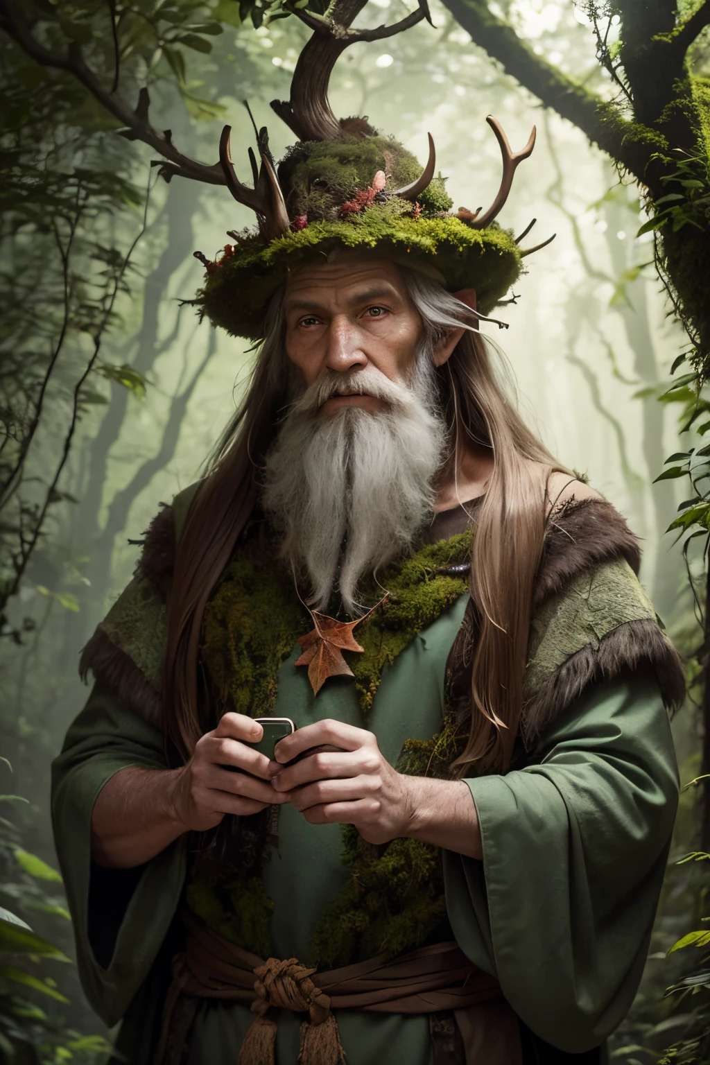 Leshy, owner of the forest, good old grandfather overgrown with tree leaves and branches, on the head there is a hat made of branches with leaves and grass, on the shoulders and body large forest moss and reindeer moss, wild forest fairy-tale resident - sorcerer, is looking at the camera