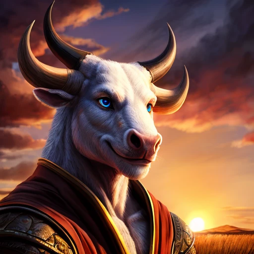 portrait bull wearing brown armored robes, grasslands background, sunset, clouds in the sky, photorealistic, highly detailed, intricate lighting, 8K, medium-length horns, blue eyes, human-like eyes, albino fur, smile,