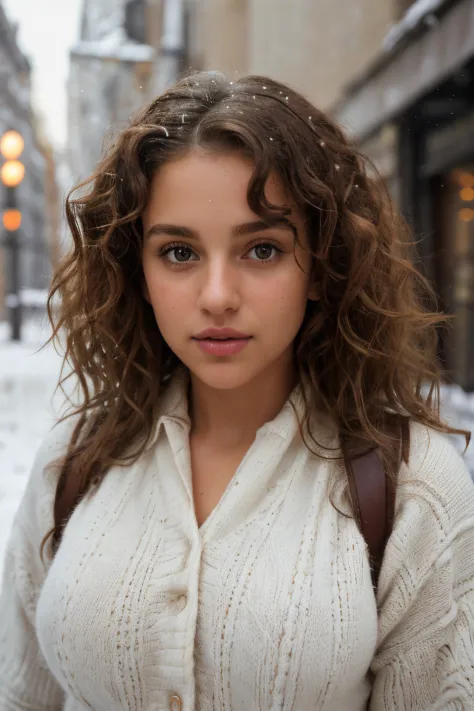 Beautiful face, delicate facial features, curly hair, tanned complexion, super realistic, big brown eyes, beautiful lips, perfect nose, pose for a photo, well lit, polish girl, small tits, well dresedwalking through the city, wind, snow