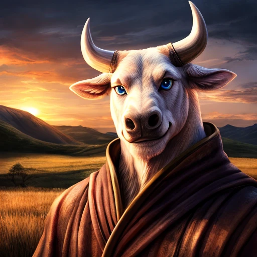 portrait bull wearing brown armored robes, grasslands background, sunset, clouds in the sky, photorealistic, highly detailed, intricate lighting, 8K, medium-length horns, blue eyes, human-like eyes, albino fur, black nose, smile,