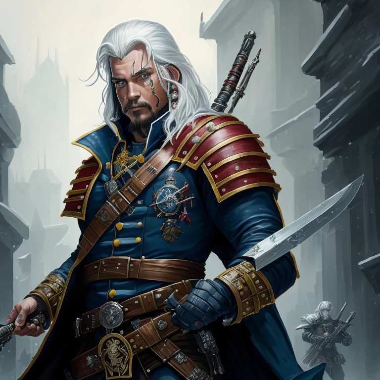 un portrait d'un commerçant voyou de Warhammer 40 000 dans un style de peintre inspiré par Han Solo, Jack Sparrow, keith richards. avec des cheveux argentés blancs comme les personnages de Game of Thrones avec des améliorations bioniques et des tatouages