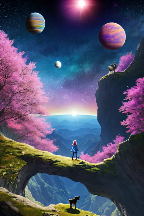 woman with a dog, standing on cliff, trees, mountains, 3 planets, space, pink, purple, blue