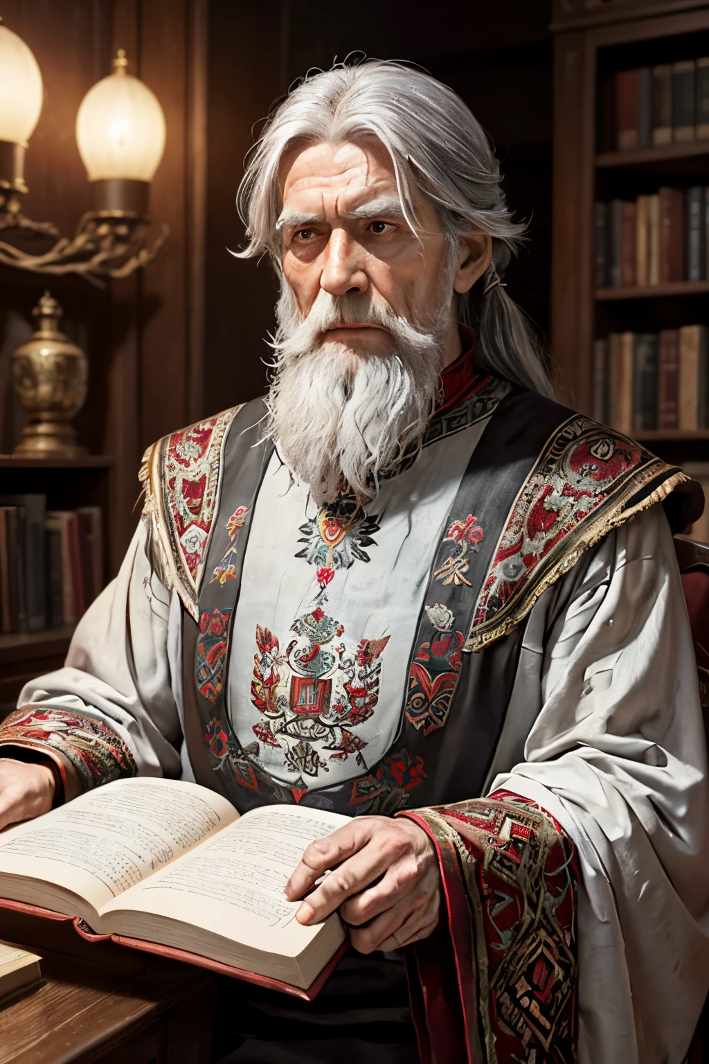 An ancient 300-year-old ancient Russian elder chronicler stands tall, with long gray hair in a long painted shirt with Russian red ornaments on the edges of the sleeves, with an old huge book pressed to his chest with both hands, a little owl sits on your shoulder