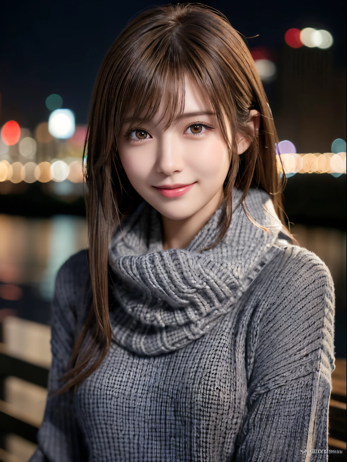 1 japanese girl,(Dark grey sweater:1.4),(she wears a knitted scarf around her neck.:1.2), (Raw photo, Best Quality), (Realistic, Photorealsitic:1.4), masutepiece, extremely delicate and beautiful, Extremely detailed, 8k wallpaper, amazing, finely detail, extremely detailed CG Unity, hight resolution, Soft light, Beautiful detailed 19 year old girl, extremely detailed eye and face, beautiful detailed nose, Beautiful detailed eyes,Cinematic lighting,city light at night,Perfect Anatomy,Slender body,Smiling  (hair messy, asymmetrical bangs, light brown hair,)