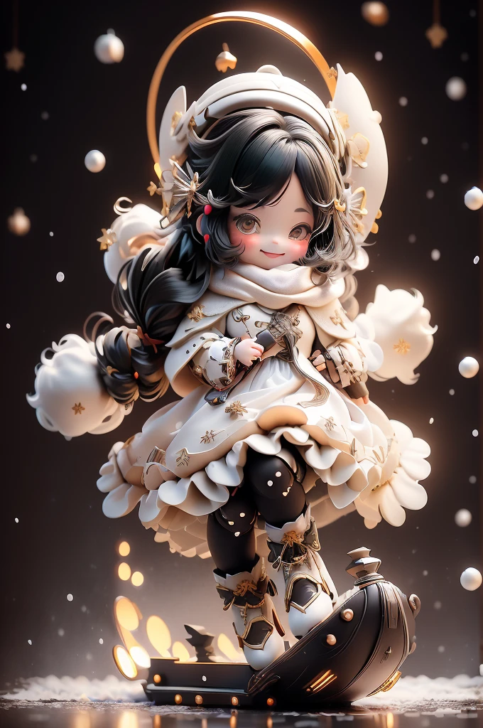 amasterpiece, best quality, 8k, cinematic light, ultra high res, chibi, a cute girl smiling sitting on a sleigh, black hair, christmas steampunk dress, christmas hair bows, (white pantyhose), (black pumps), magical night, winter night, magical sparks floating, falling snow, dark shadows, ((dark fantasy)),