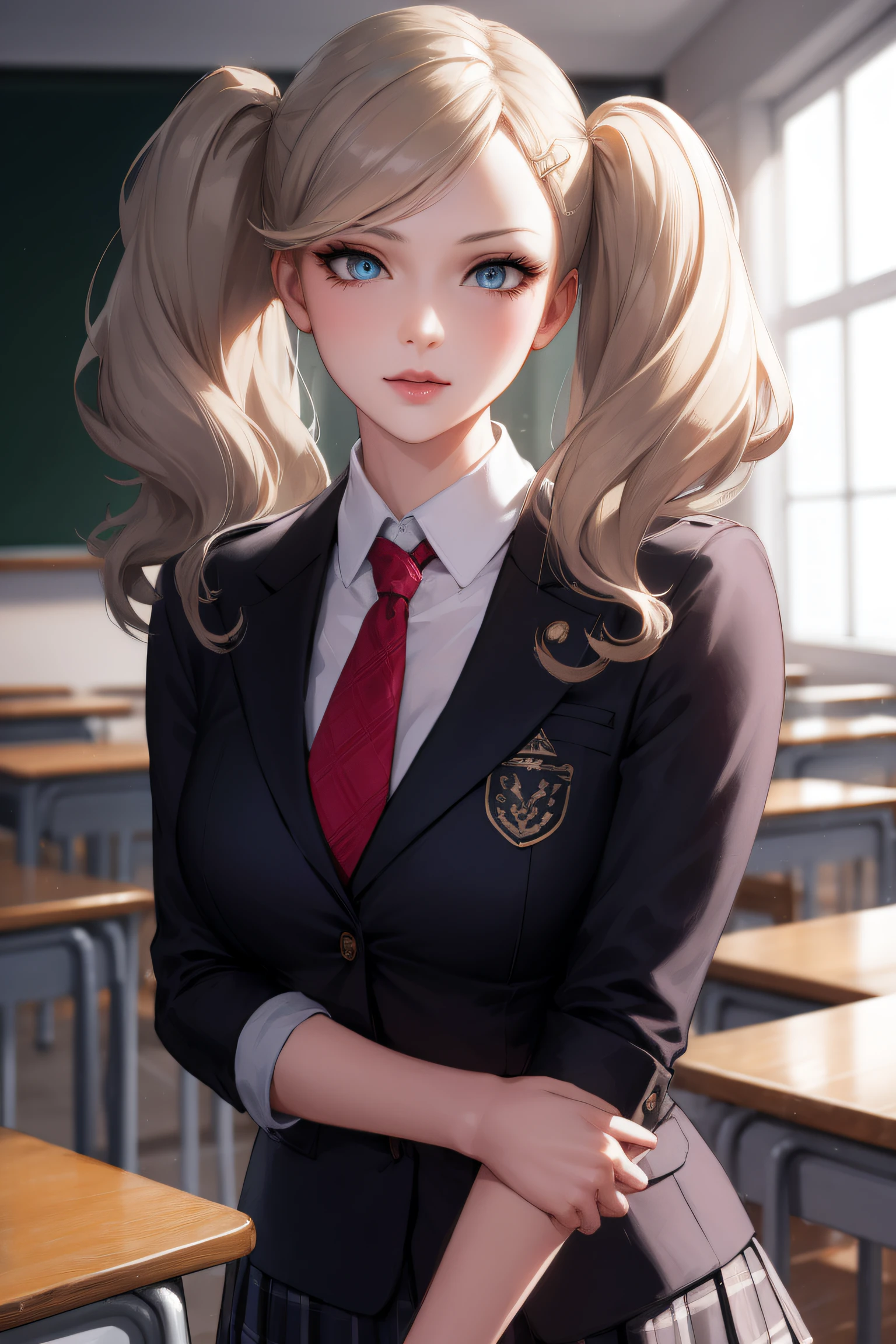 anntakamaki, anne takamaki, blonde hair, blue eyes, hair ornament, hairclip, long hair, swept bangs, twintails, wavy hair,
BREAK school uniform, shirt, skirt, jacket, necktie,
BREAK looking at viewer,
BREAK indoors, classroom,
BREAK (masterpiece:1.2), best quality, high resolution, unity 8k wallpaper, (illustration:0.8), (beautiful detailed eyes:1.6), extremely detailed face, perfect lighting, extremely detailed CG, (perfect hands, perfect anatomy),