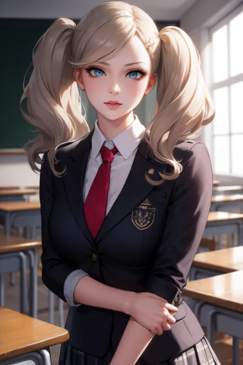 anntakamaki, anne takamaki, blonde hair, blue eyes, hair ornament, hairclip, long hair, swept bangs, twintails, wavy hair,
break...